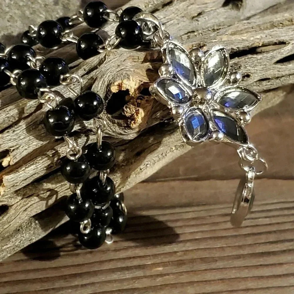 Victorian Style Black Silver and Smoke Navette Flower Pendant Necklace - Picture 5 of 5